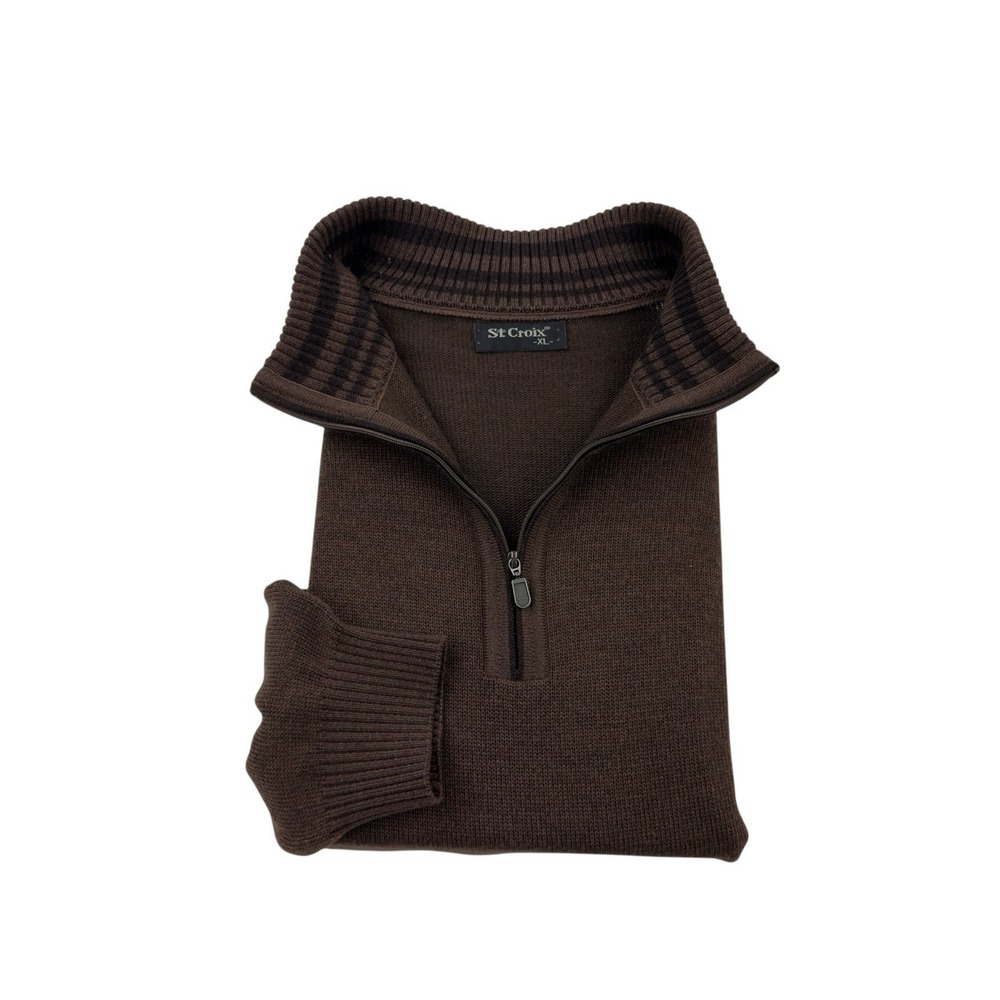 St.‎ Croix Brown Wool Blend 1/4 Zip Pullover Sweater Suede Accents Men's Size XL